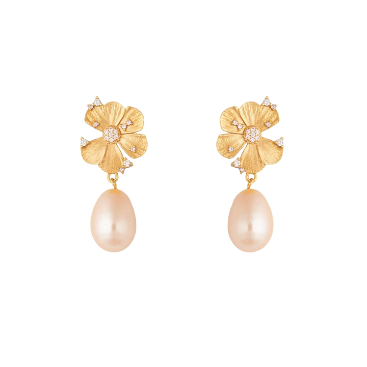 Vincent Venus Wildflower Örhängen Pink Pearl Gold Plated visar guldpläterade örhängen med blommor och rosa pärlor. Modell vj247-vecka-1.