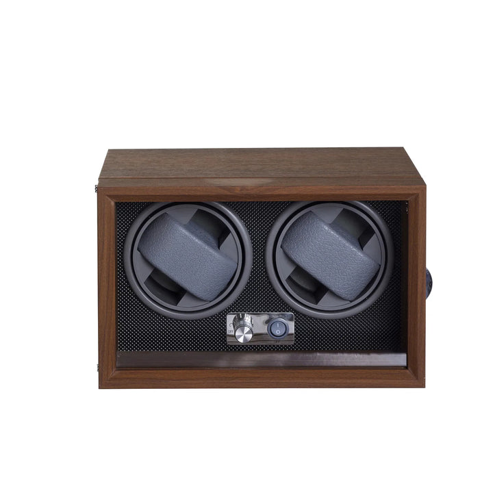 Watch Winder för 2 klockor med träram och svarta detaljer, elegant front med kontrollpanel. Modell klockbox0008-2