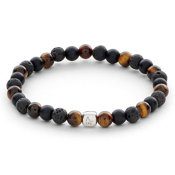 Alexander Lynggaard Armband Los Angeles 6mm med bruna tigerögonpärlor, svarta lavapärlor och mattsvarta detaljer. Modell c20013-001.