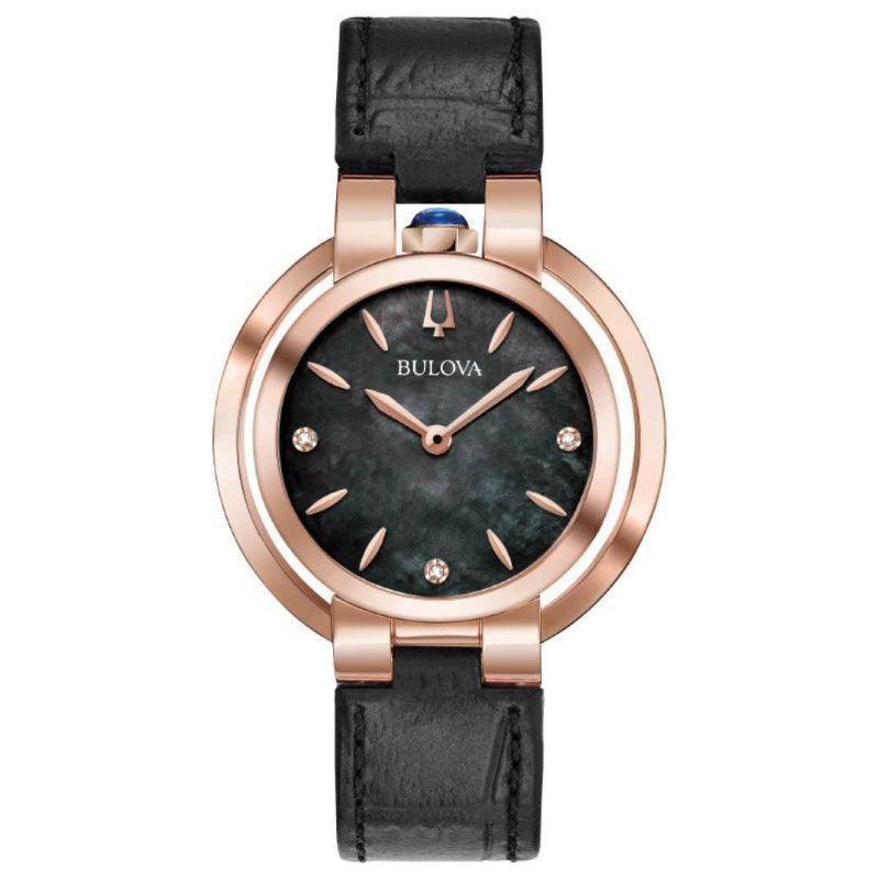 Bulova Rubaiyat damklocka med svart pärlemorurtavla, roséguldfärgat boett och svart läderband. Modell 97P139-97P139-1.