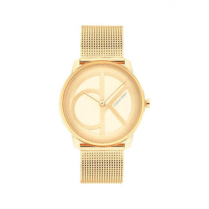 Calvin Klein Iconic Mesh damklocka med gyllene meshband och diskret logga på urtavlan. Modell 25200034-25200034-1.