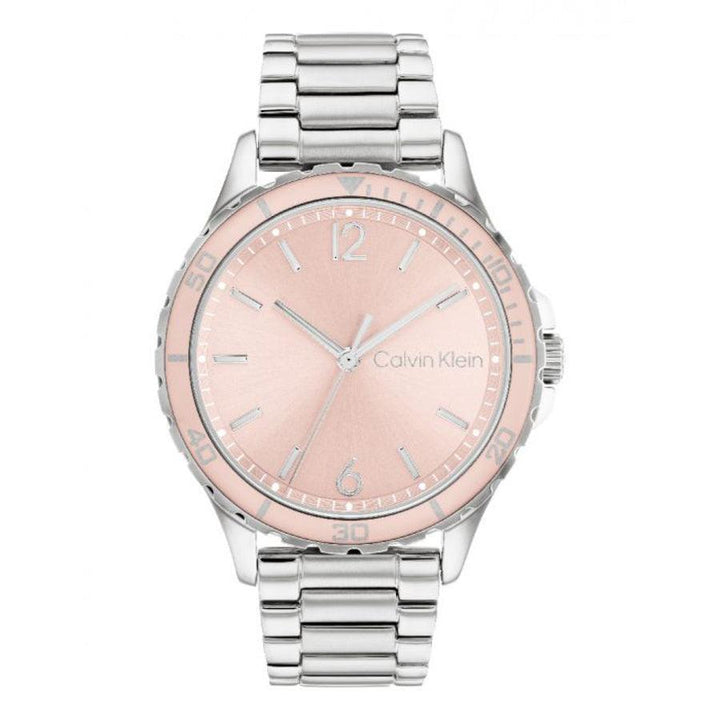 Calvin Klein Lively Damklocka med rund urtavla i roséguld och silvermetallband som visas framifrån. Modell 25200096.