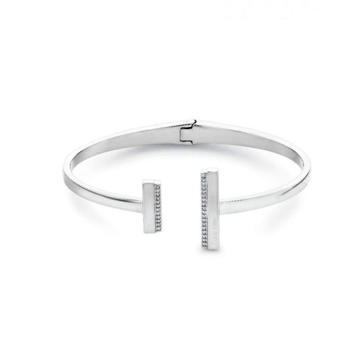 Calvin Klein Minimal Linear Armring armring i polerat stål med rektangulära ändar och diskreta stenar. Modell 35000160