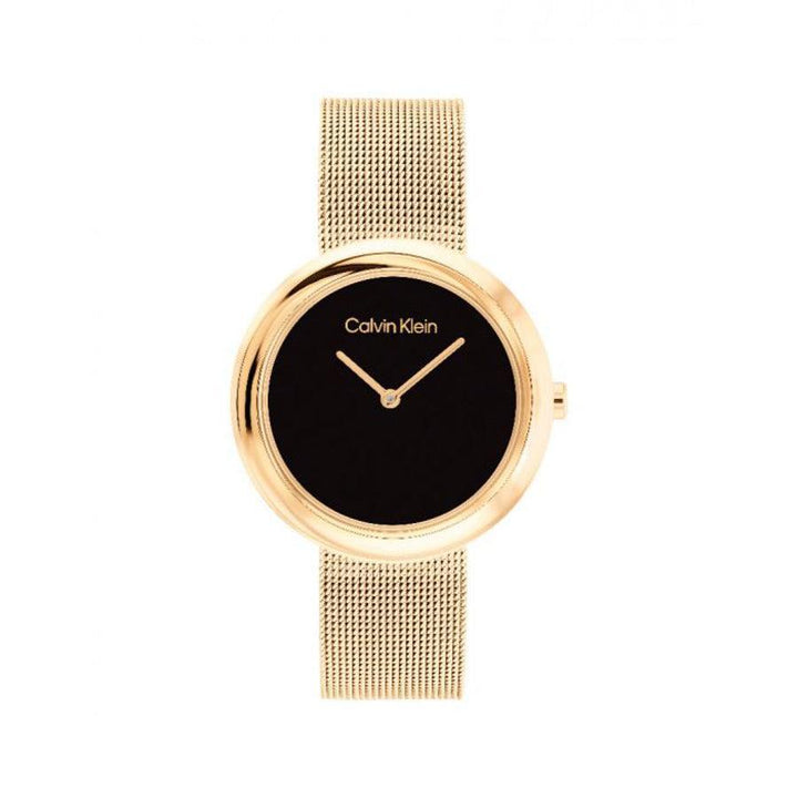 Calvin Klein Twisted Bezel Damklocka i guld med svart urtavla och meshband, modell 25200012-25200012-1.