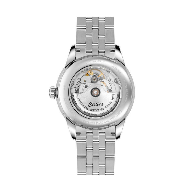 Certina DS-1 Big Date Powermatic 80 herrklocka sedd bakifrån med synligt automatiskt urverk och stållänk.
