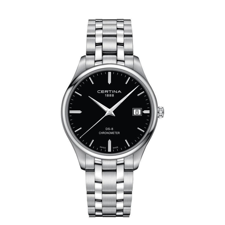 Certina DS-8 herrklocka stålkedja med svart urtavla, elegant silverklocka med datum. Modell C0334511105100.