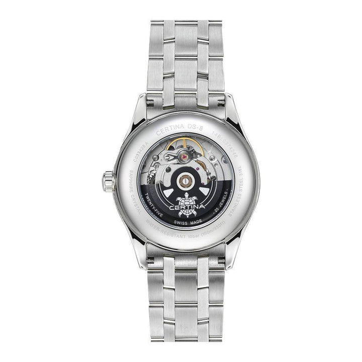 Certina DS-8 stålarmbandsur visat bakifrån med synligt automatiskt urverk och silverfärgad kedja. Modell C0334281104100