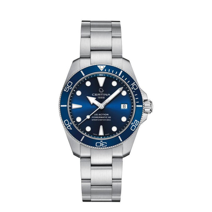 Certina DS Action Powermatic 80 med blå urtavla och silverkedja i stål. Modell C0328071104100.