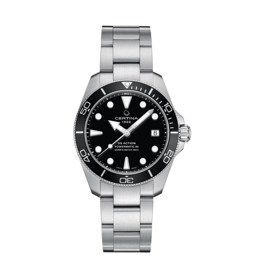 Certina DS Action Powermatic 80 med svart urtavla och stållänk, sportig dykarklocka. Modell C0328071105100