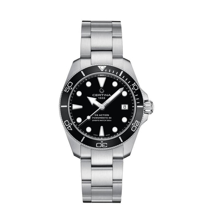 Certina DS Action Powermatic 80 med svart urtavla och stållänk, sportig dykarklocka. Modell C0328071105100