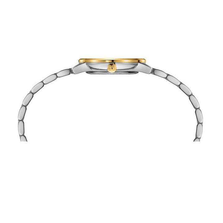 Certina DS Caimano Damklocka sedd från sidan, tunn klockboett i stål med guldfärgad ram, modell C0352102203702.