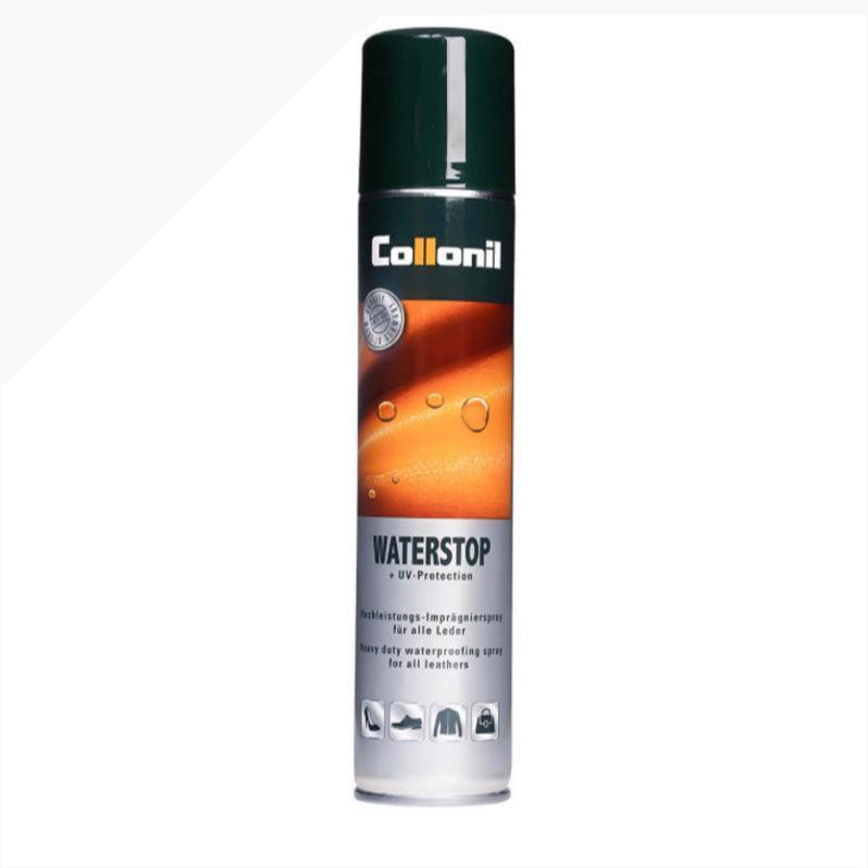 Collonil Waterstop Impregnation Spray framstår som en hög sprayburk med mörkgrönt lock, modell 16620001000.