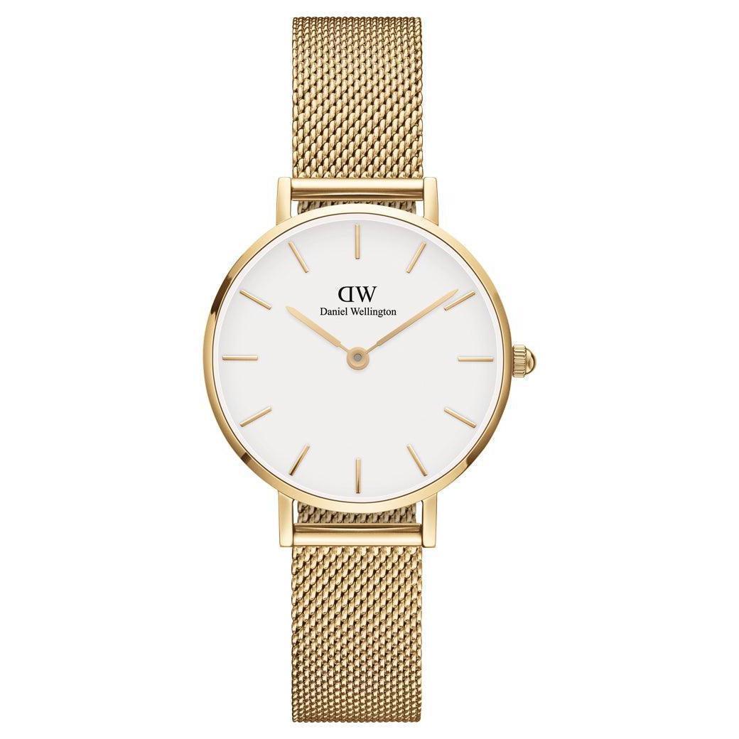 Daniel Wellington Classic Petite Evergold 28mm armbandsur med mesh guldarmband och vit urtavla. Modell DW00100350.