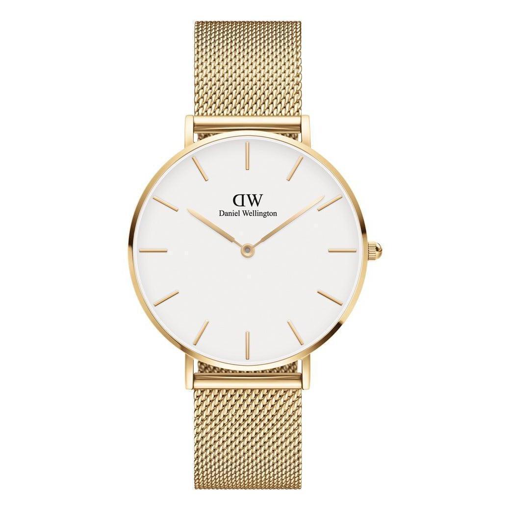 Daniel Wellington Classic Petite Evergold 36mm klocka med vit urtavla och guldmeshband. Modell DW00100346