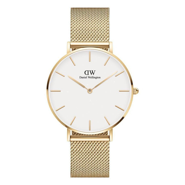 Daniel Wellington Classic Petite Evergold 36mm klocka med vit urtavla och guldmeshband. Modell DW00100346