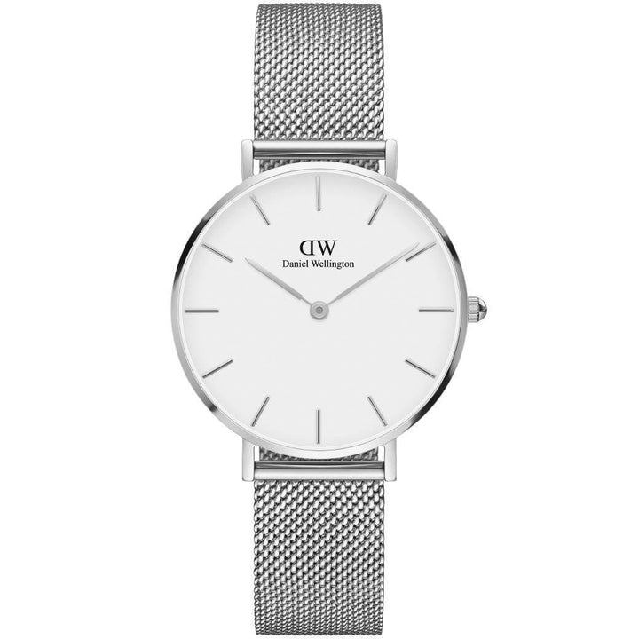 Daniel Wellington Classic Petite Sterling 32mm visar ett elegant armbandsur i silver med nätband. Modell DW00100164.