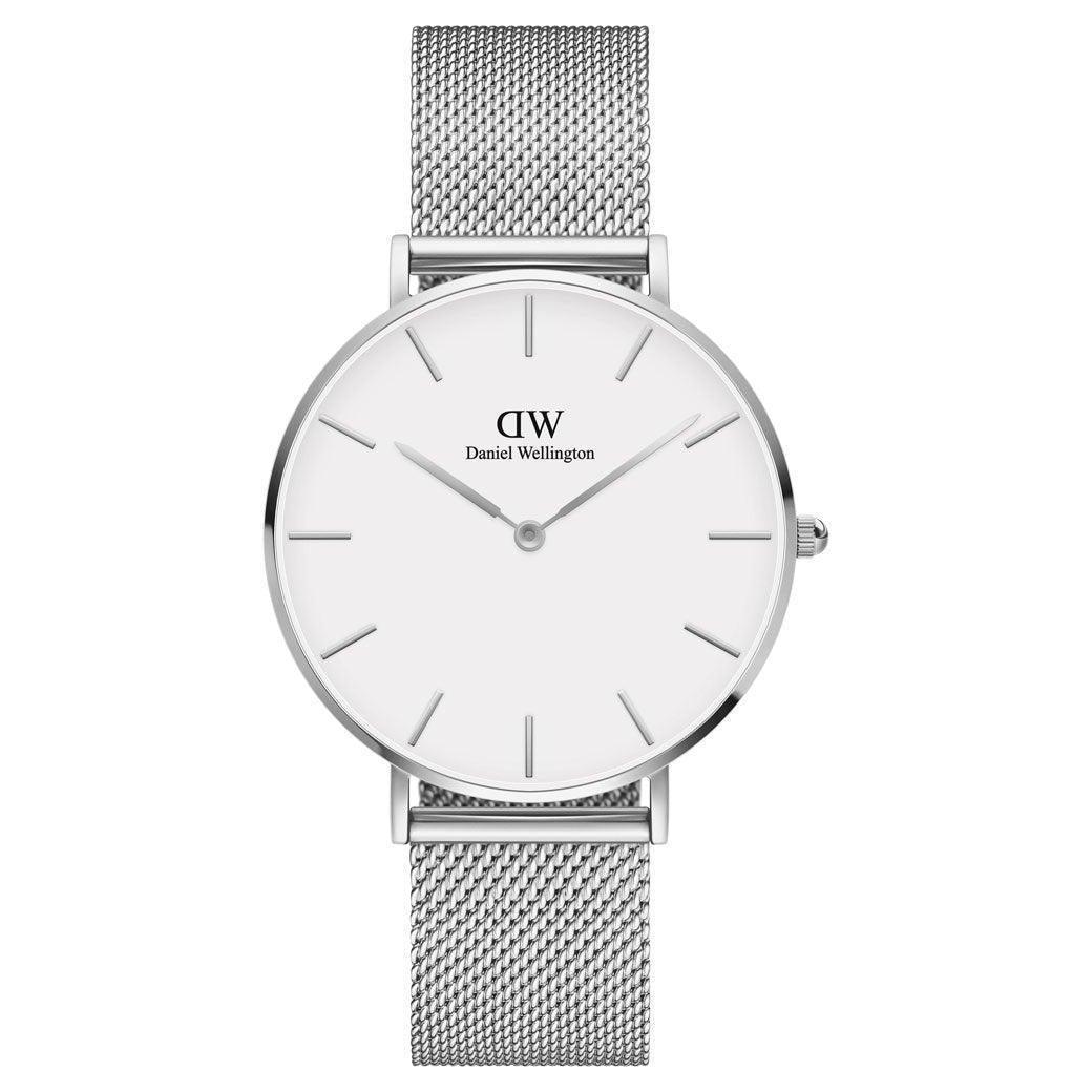 Daniel Wellington Classic Petite Sterling 36 mm klocka med silvernätband och vit urtavla, modell DW00100306-ADW00100306.