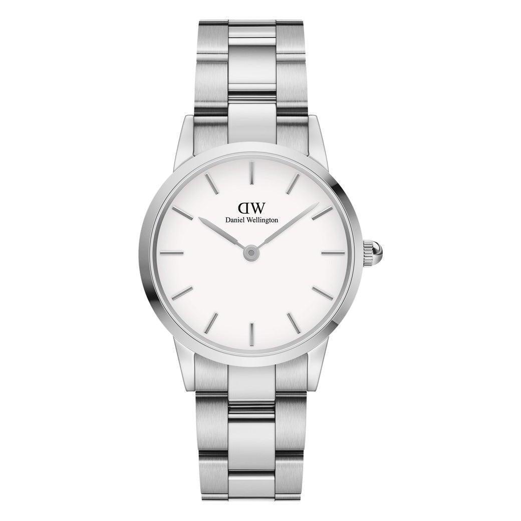 Daniel Wellington Iconic Link 28mm visar ett elegant silverarmbandsur med vit urtavla. Modell DW00100207.