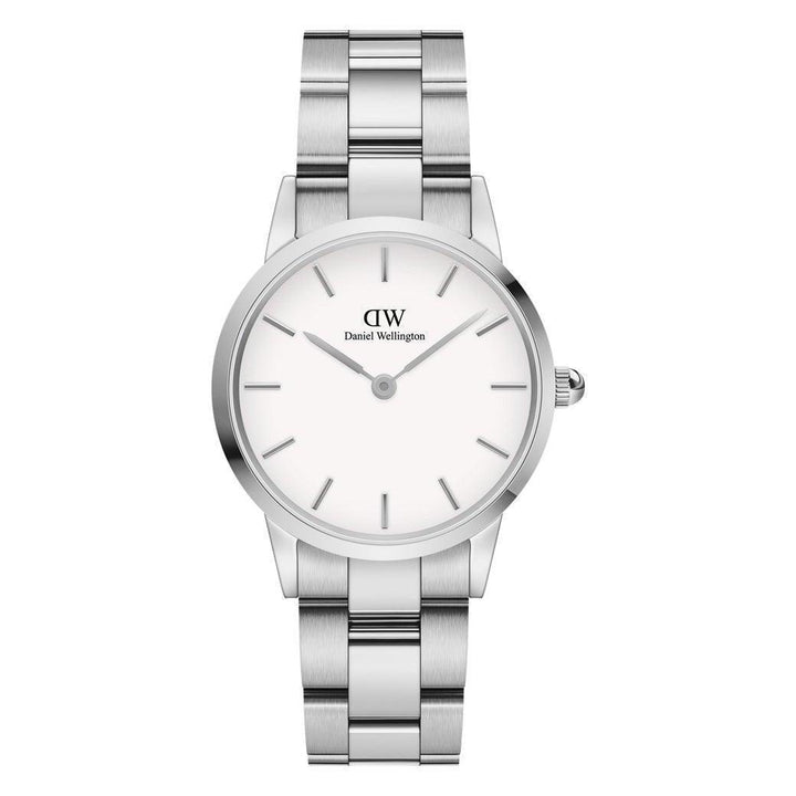 Daniel Wellington Iconic Link 28mm visar ett elegant silverarmbandsur med vit urtavla. Modell DW00100207.