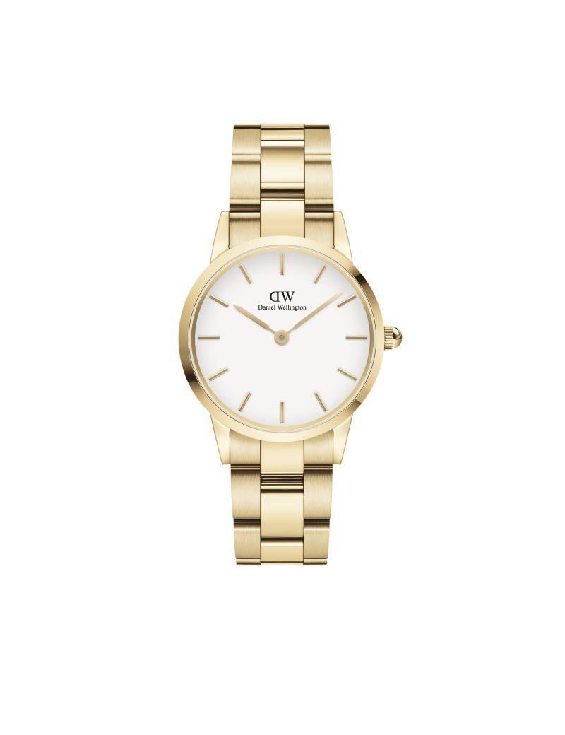 Daniel Wellington Iconic Link 28mm presenterad med guldtonad länk och vit urtavla. Modell DW00100567.