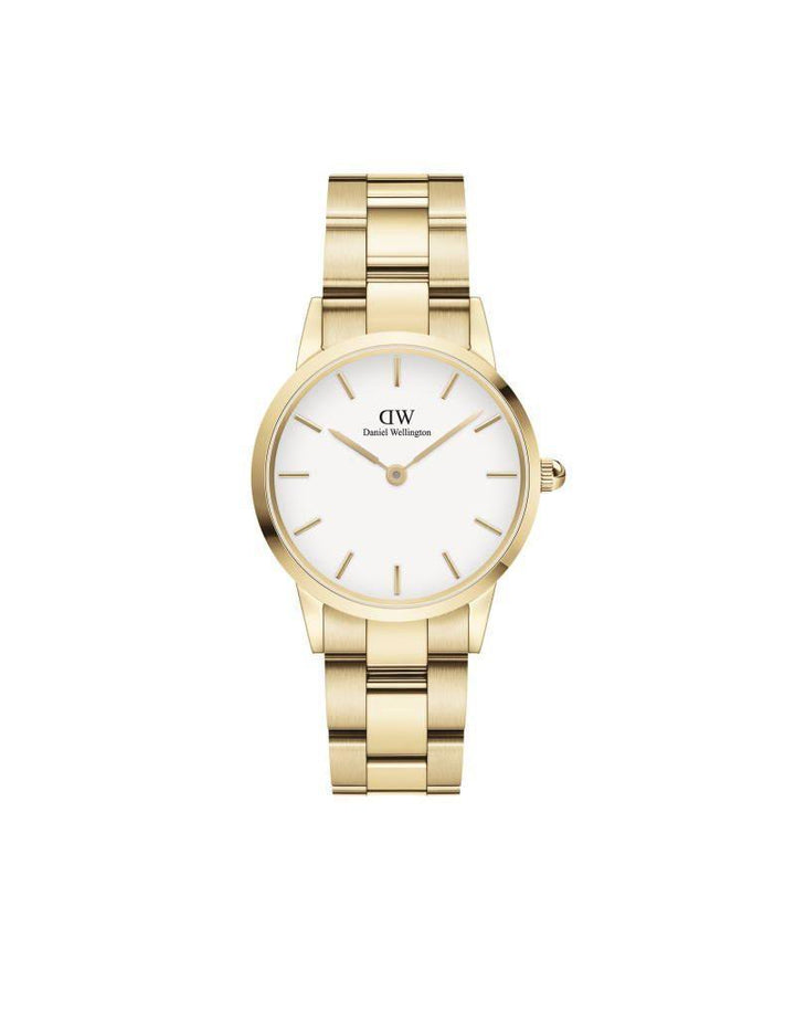 Daniel Wellington Iconic Link 28mm presenterad med guldtonad länk och vit urtavla. Modell DW00100567.