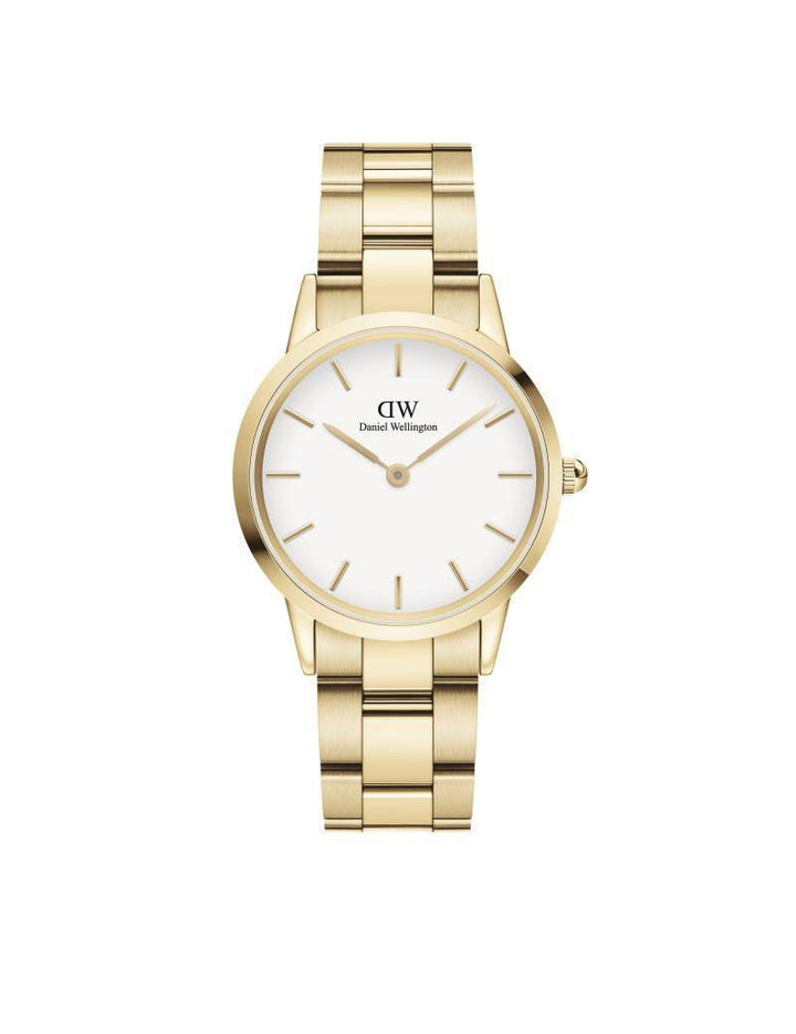Daniel Wellington Iconic Link 32 mm visad i guld stålkedja och vit urtavla, modell DW00100565.
