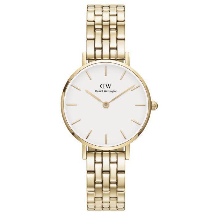 Daniel Wellington Petite Link Gold visar ett elegant armbandsur i guldfärgat stål med vit urtavla. Modell DW00100614.