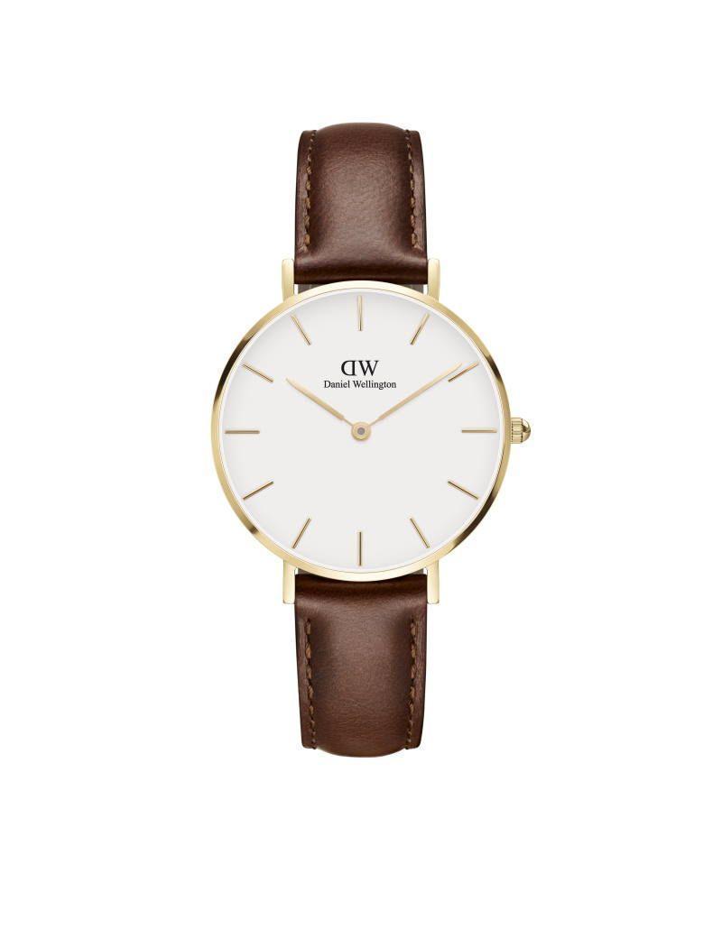 Daniel Wellington Petite St Mawes 32mm med vit urtavla och brunt läderband, klassisk design. Modell DW00100550