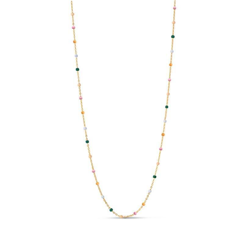enamel lola halsband n55g dreamy, kedja i guldfärgad metall med färgade pärlor på vit bakgrund. Modell N55G-DREAMY-1