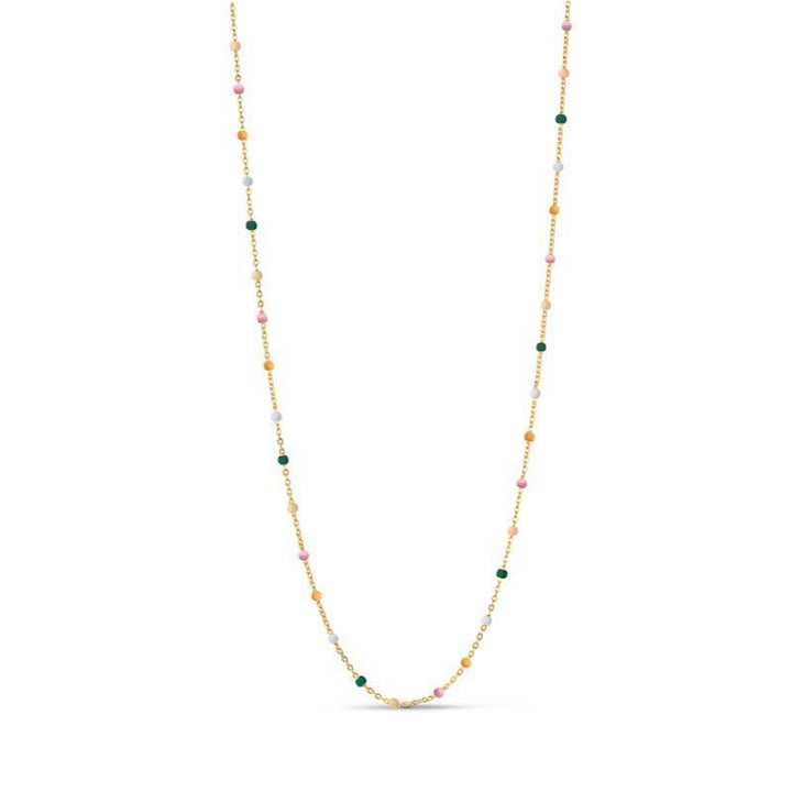 enamel lola halsband n55g dreamy, kedja i guldfärgad metall med färgade pärlor på vit bakgrund. Modell N55G-DREAMY-1