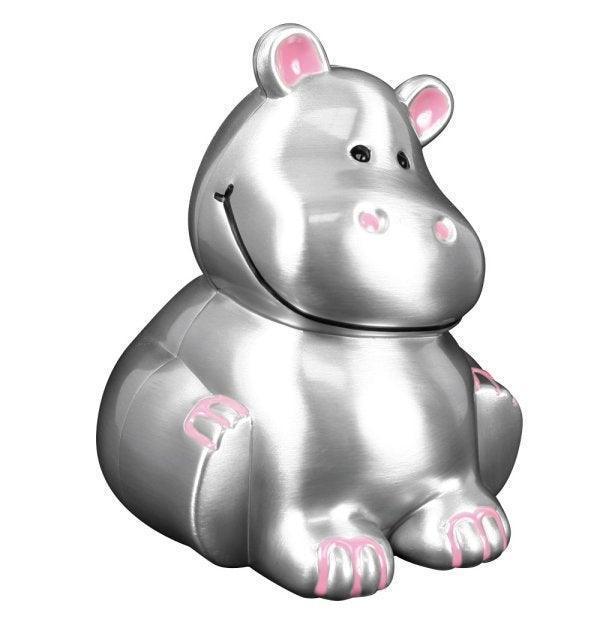 Hippo spargris med rosa öron, silvermetallic finish, modell 152-76204-1.