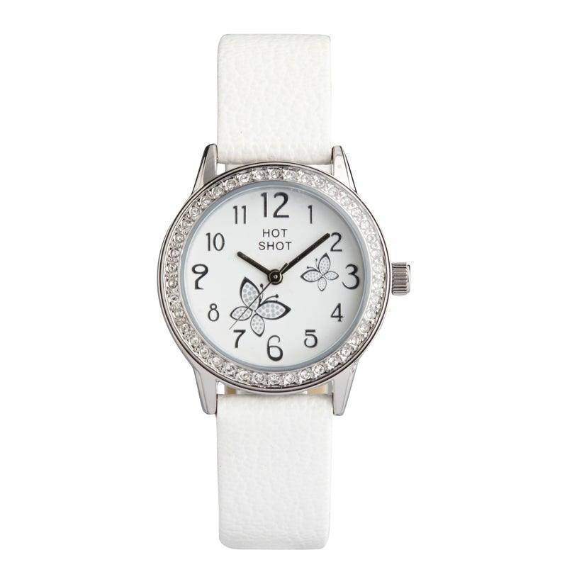 Hot Shot Borneur vit urtavla med fjärilar, vitt band och kristallkant. Modell 18781-1