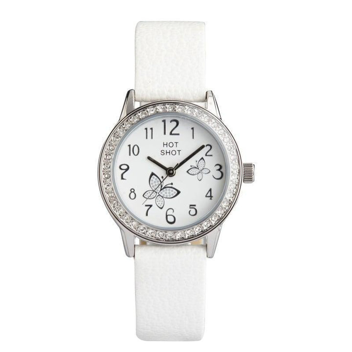 Hot Shot Borneur vit urtavla med fjärilar, vitt band och kristallkant. Modell 18781-1