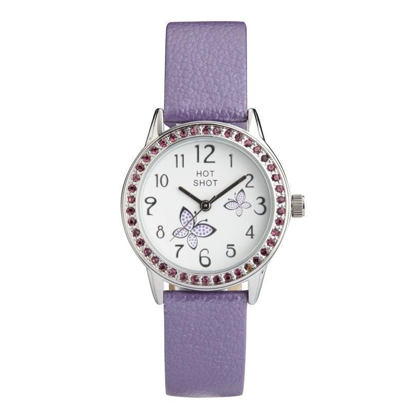 Hot Shot Borneur med lila fjärilar med lila läderrem och dekorativa stenar. Modell 18783-1.