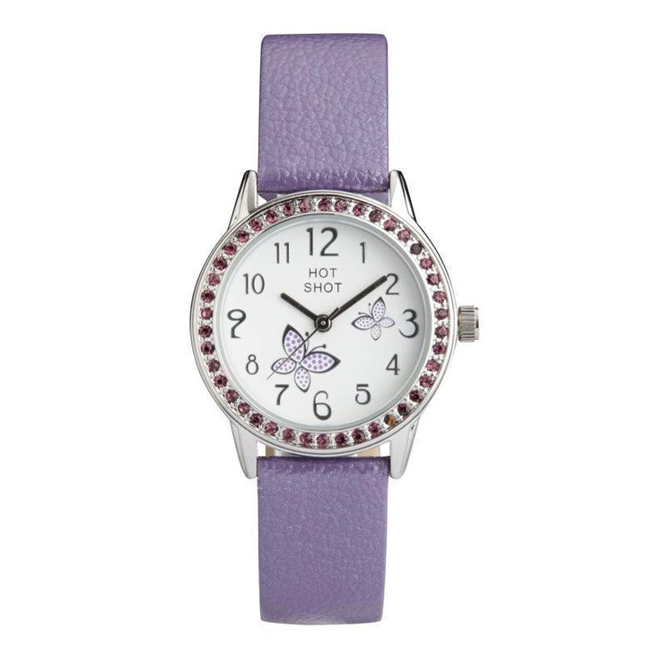 Hot Shot Borneur med lila fjärilar med lila läderrem och dekorativa stenar. Modell 18783-1.