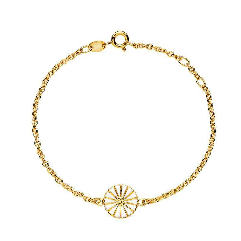 Daisy guldpläterat armband med fin tusensköna blomma i vitt och guld, detaljvy. Modell 9015030-M