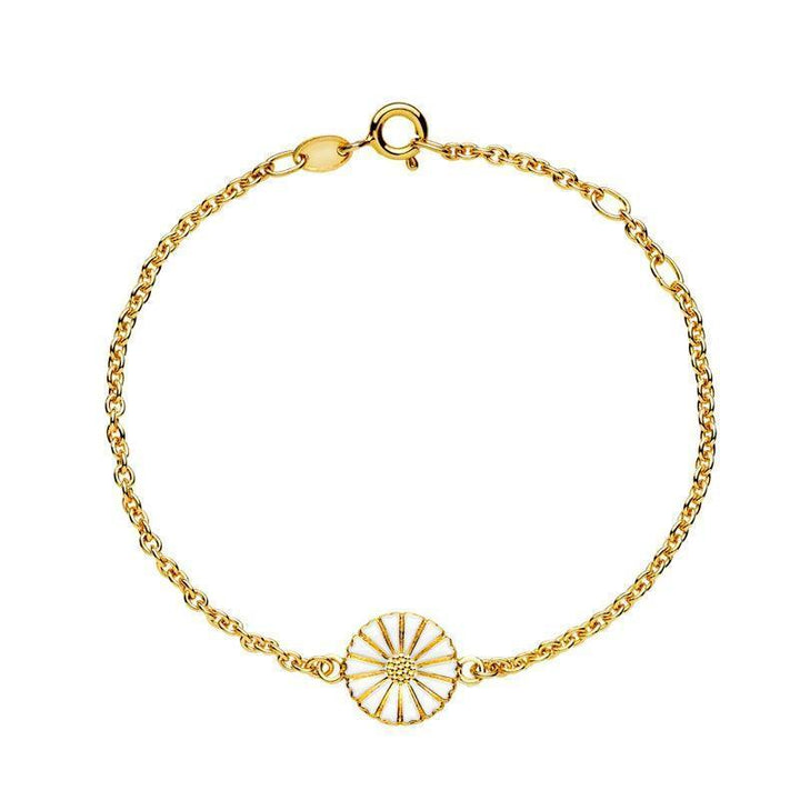 Daisy guldpläterat armband med fin tusensköna blomma i vitt och guld, detaljvy. Modell 9015030-M