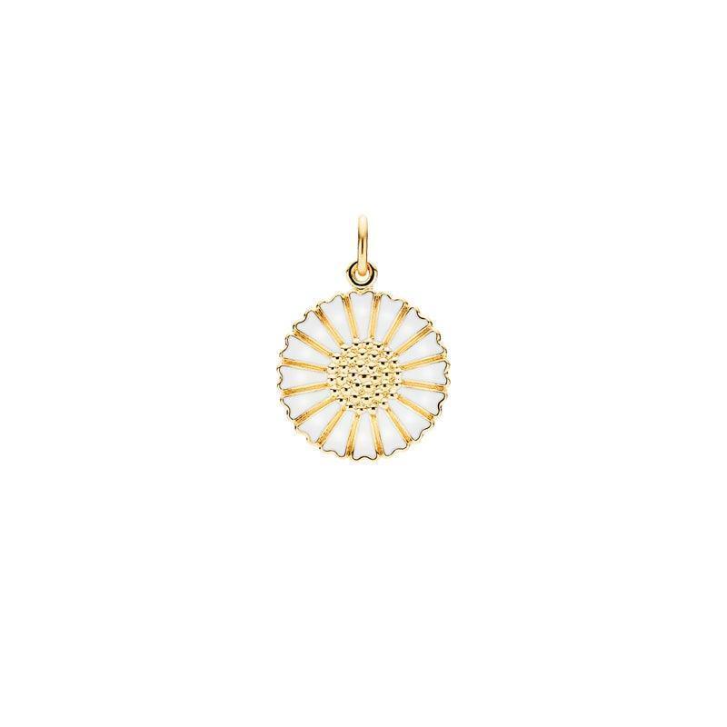 Daisy förgyllt guldhänge 18mm med vit emalj, blommönster mot vit bakgrund. Modell 908018-M