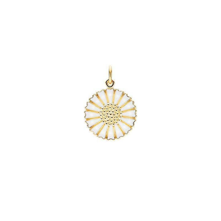 Daisy förgyllt guldhänge 18mm med vit emalj, blommönster mot vit bakgrund. Modell 908018-M