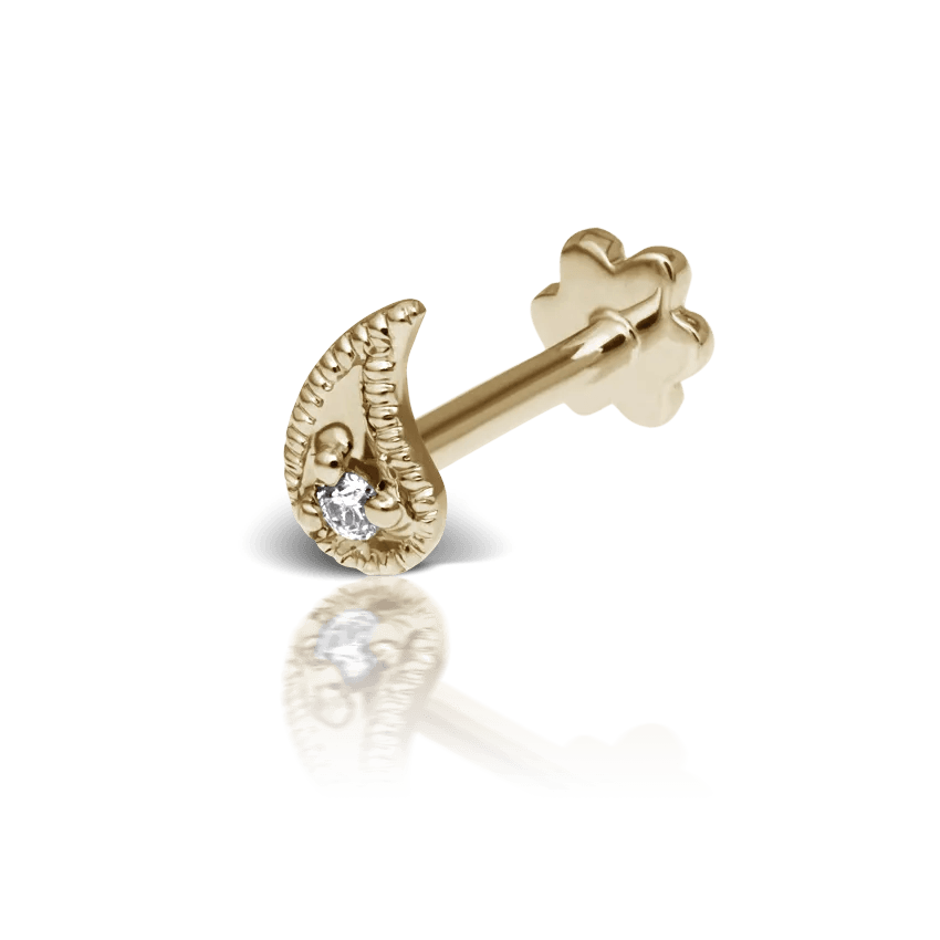 Maria Tash Diamond Paisley Threaded Stud Right i guld med en enda diamant, elegant detalj. Modell XPAISD-YG-W5-R-001-1