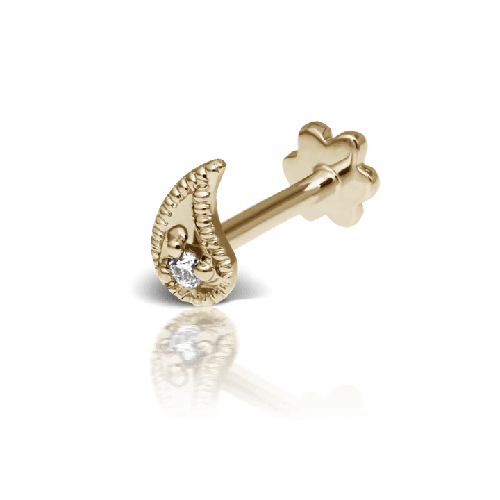 Maria Tash Diamond Paisley Threaded Stud Right i guld med en enda diamant, elegant detalj. Modell XPAISD-YG-W5-R-001-1