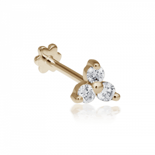 Maria Tash Large Diamond Trinity Threaded Stud visar en elegant guldstift med tre diamanter, modell X3DTRDL-001-1.