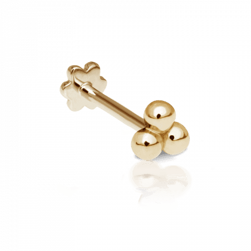 Maria Tash Large Three Ball Trinity Threaded Stud i guldfärgad metall, framifrån. Modell x3btrl-001.