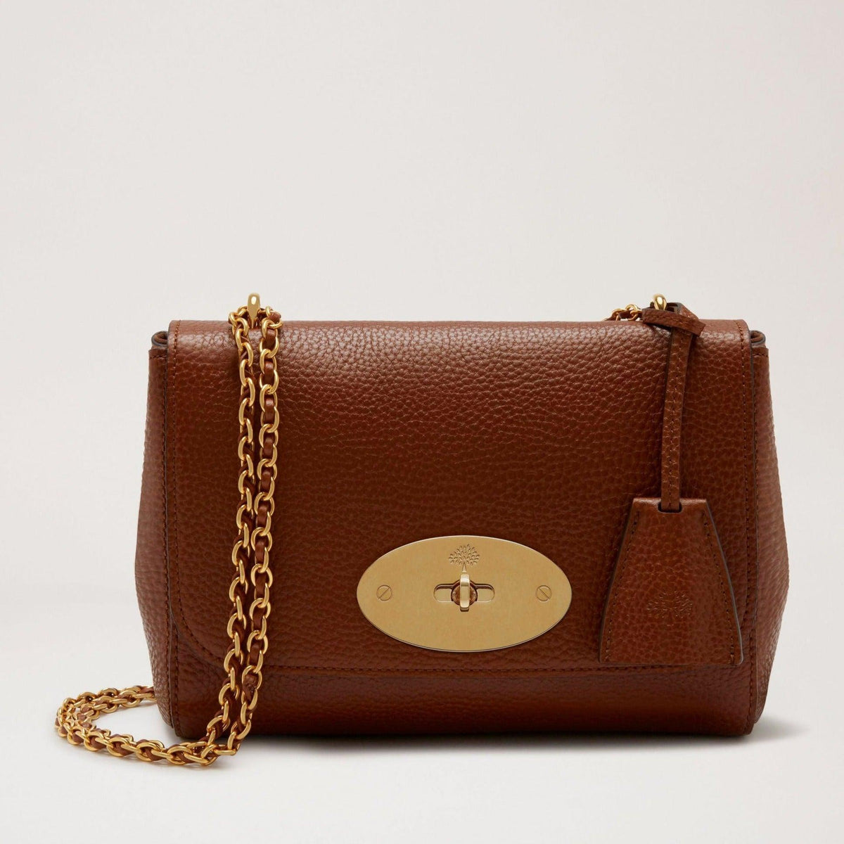 Mulberry Lily Ek Small Classic Grain Leather, brun axelväska med guldkedja och metallspänne. Modell HH8733552G110