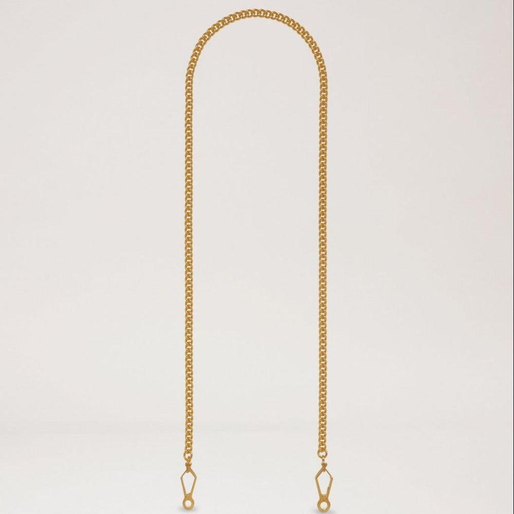 Mulberry Strap Gold Chain Brass visar en elegant gyllene mässingskedja med ändbeslag. Modell rx0028669p140-1.