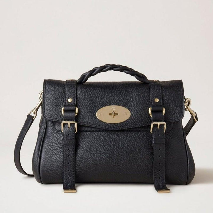 Mulberry Väska Alexa Black Heavy Grain, svart axelväska i grynigt läder med guldfärgade detaljer, modell HH6746736A100
