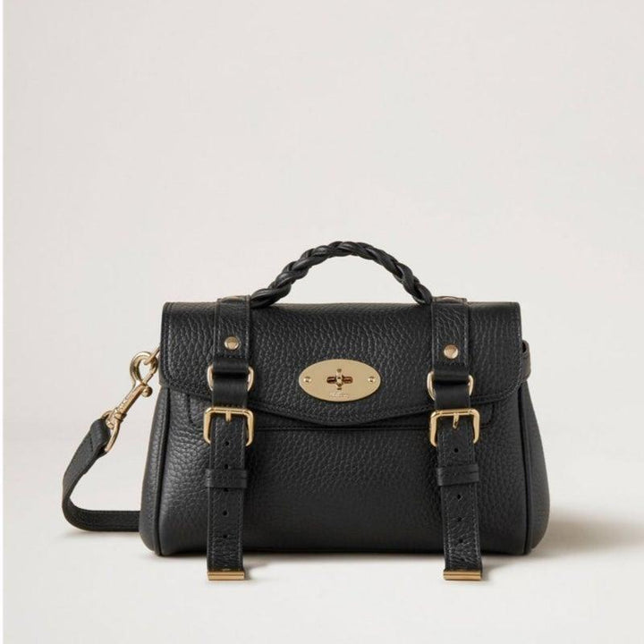Mulberry Väska Mini Alexa Heavy Grain Black med flätat handtag och gulddetaljer, modell RL6595736A100.