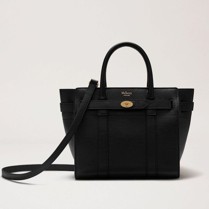 Mulberry Väska med mini dragkedja Bayswater Liten Classic Grain Black, svart läderväska med gulddetaljer och justerbar axelrem. Modell hh4949205a100