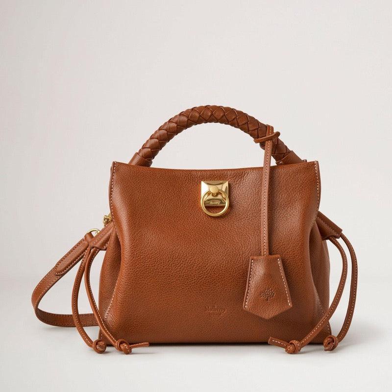 Mulberry Väska Liten Iris Legacy NVT Ek, brun läderväska med flätat handtag och gulddetaljer. Modell HH7949275G110