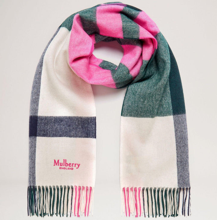 Mulberry Scarf Large Merino Wool Scarf 70 x 200 visad ovikt med rutor i rosa, grönt och vitt, modell VS4295889H130
